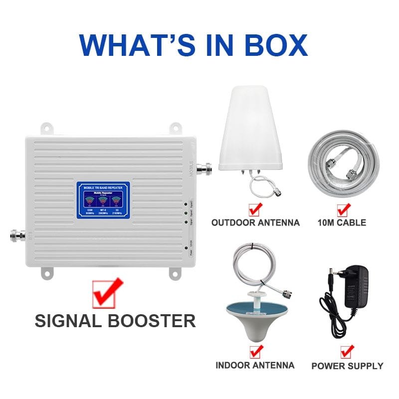 High Gain Triband 4G 900/2100/2600Mhz 4g cell repeater what is in box